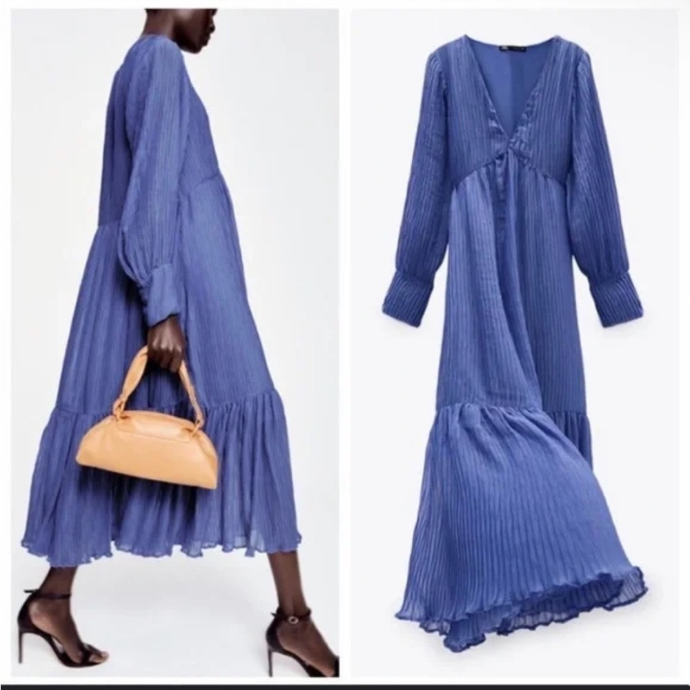 Zara Women's Blue Pleated Midi Dress